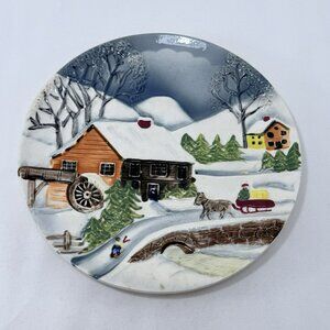 Vintage Tilso Winter Snow Plate Christmas Wall Deco 3D Molded Raised Handpainted